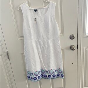 Talbots White Sleeveless Dress with Blue Floral Embroidery